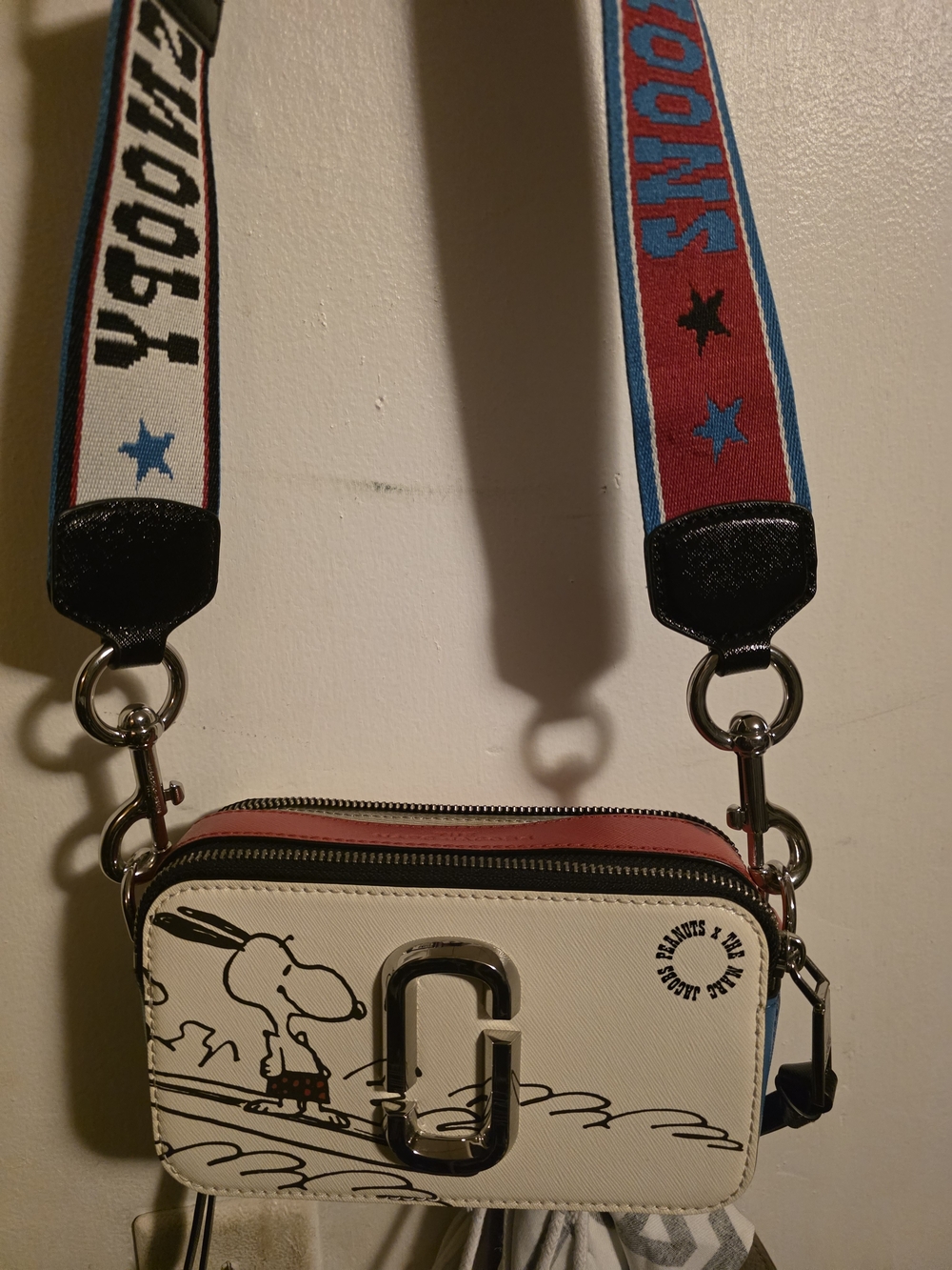 Marc Jacobs White Snoopy Snapshot Crossbody Bag with Red & Blue Strap
